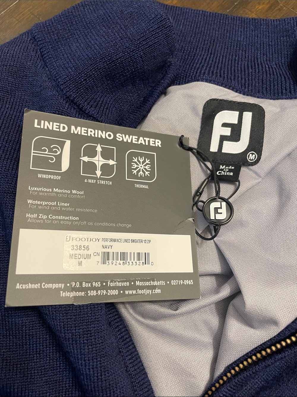 FootJoy Men’s Lined Merino Wool 1/2 Zip Golf Sweater Navy Size M Windproof Therm - Picture 3 of 7